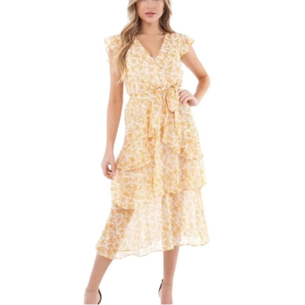Revolve Mink Pink Gold White Floral Cottagecore Tiered Lana Dress Size Small